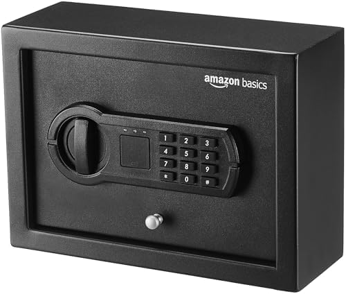 Amazon Basics Small Slim Desk Drawer Security Safe with Programmable Electronic Keypad, 0.1 Cubic Feet, Small Safe, Black, 11.8”W x 8.6”D x 4.4”H